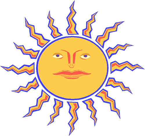 a painting of the sun with eyes, nose and mouth. Yellow, blue and red.