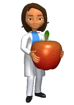Female wearing white pants blue shirt with white labcoat holding a large red apple. 
