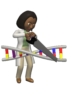 An animation of a woman scientist using a handsaw on a representation of a human genome, representing genetic modification  