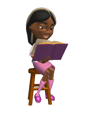 cartoon girl reading a book while sitting on a stool 