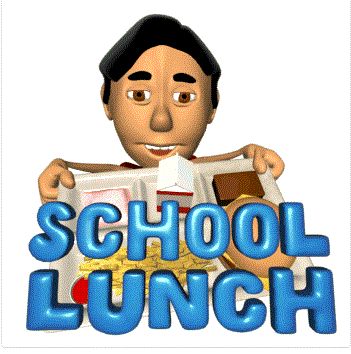 boy with a lunch tray that reads "school lunch" 