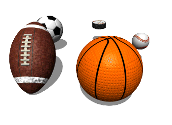 basketball, soccer ball, football, hockey puck, and baseball floating around 