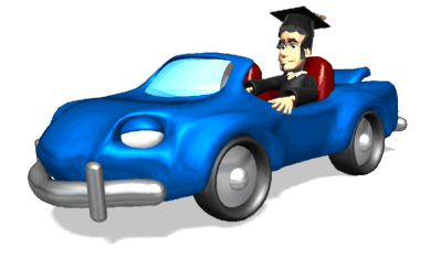 animated image of a graduate driving in a car. 