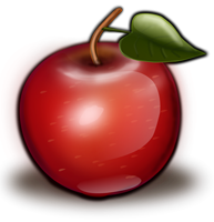 red apple with brown stem and one leaf 