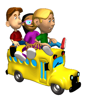animated kids riding on top of a school bus