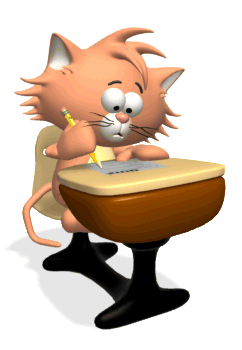 Animated picture of a cat sitting at a desk doing school work.